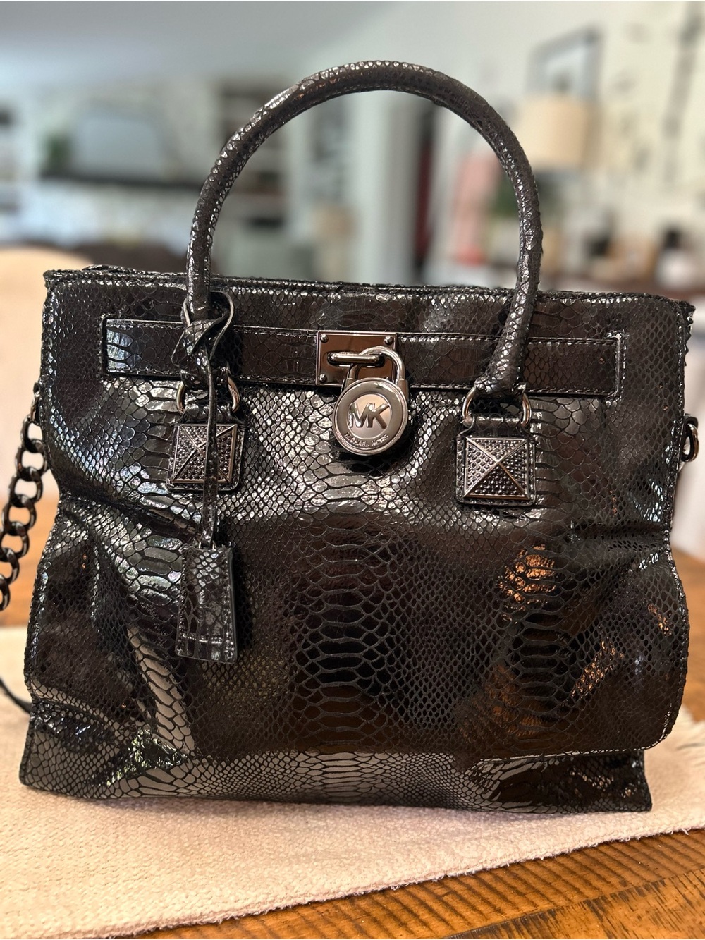 Michael Kors Black Patent Snake-Embossed Leather Tote